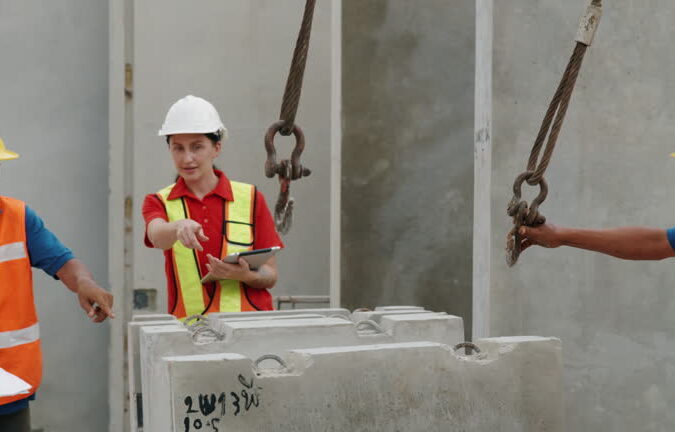 The expert chief engineer is walking around inspecting the work of the workers. and provide guidance on correct work to workers within the precast concrete slab factory.